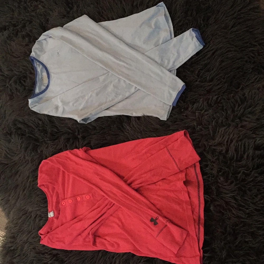 2 shirts one is darker pink one is blue